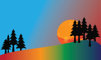 Sunrise illustration Vector Sun Rise Forest Background Design Sunrise through Pine trees