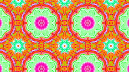 Seamless psychedelic kaleidoscope pattern with neon green, pink and orange mandala symmetry