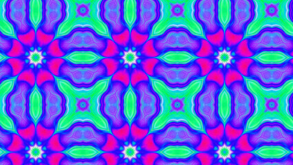 Seamless psychedelic kaleidoscope pattern with neon green, pink and orange mandala symmetry