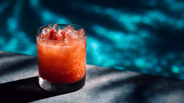 A vibrant red cocktail filled with crushed ice sits beside a shimmering blue poolside casting cool shadows