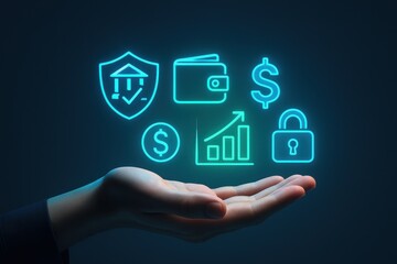 Hand Presenting Neon Icons for Financial Security, Wallet Management, and Investment Growth Concepts