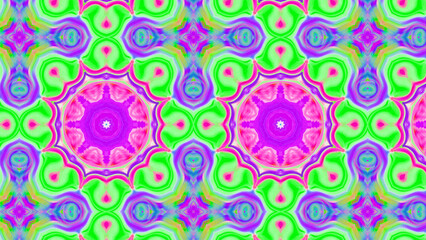 Seamless psychedelic kaleidoscope pattern with neon green, pink and orange mandala symmetry