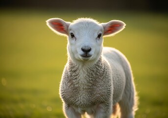 Obraz premium A cute white lamb stands in a sunlit green field, looking directly at the viewer with soft, innocent eyes.