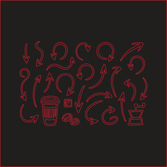 Collection of red neon arrows and geometric shapes on dark background