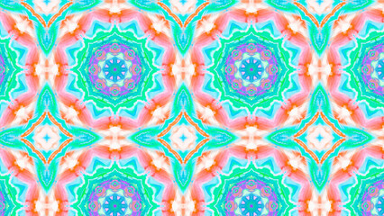 Seamless psychedelic kaleidoscope pattern with neon green, pink and orange mandala symmetry