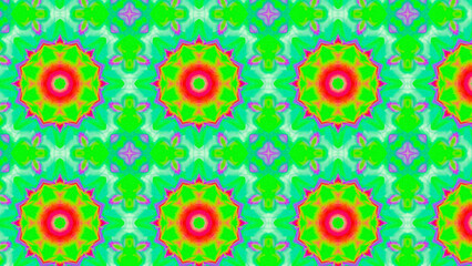 Seamless psychedelic kaleidoscope pattern with neon green, pink and orange mandala symmetry