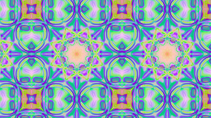 Seamless psychedelic kaleidoscope pattern with neon green, pink and orange mandala symmetry