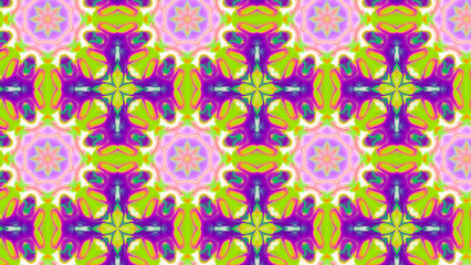 Seamless psychedelic kaleidoscope pattern with neon green, pink and orange mandala symmetry