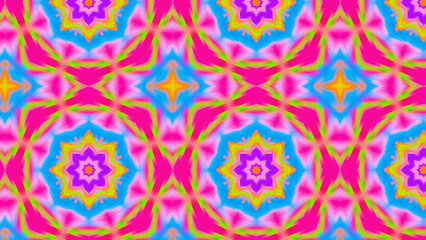 Seamless psychedelic kaleidoscope pattern with neon green, pink and orange mandala symmetry