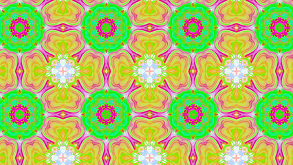 Seamless psychedelic kaleidoscope pattern with neon green, pink and orange mandala symmetry
