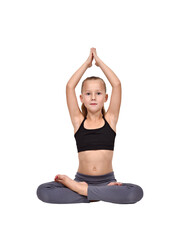 Girl in yoga pose wearing gray leggings