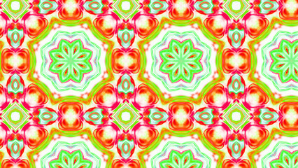 Seamless psychedelic kaleidoscope pattern with neon green, pink and orange mandala symmetry