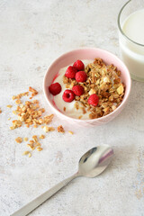 Healthy Breakfast Bowl with Yogurt, Granola and Fresh Raspberries vertical photo