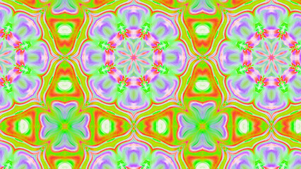 Seamless psychedelic kaleidoscope pattern with neon green, pink and orange mandala symmetry