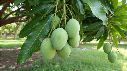 Green Mango hanging on tree in garden, Green Mangoes tree in natural background