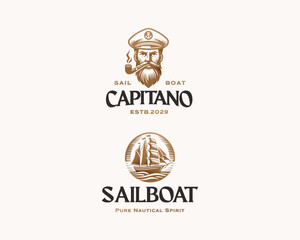 Marine sailor captain with pipe nautical logo template