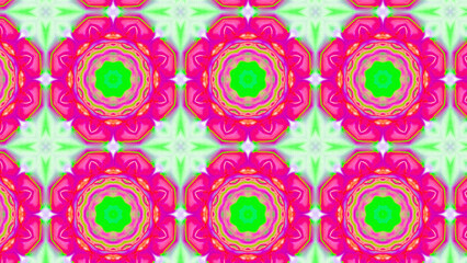 Seamless psychedelic kaleidoscope pattern with neon green, pink and orange mandala symmetry
