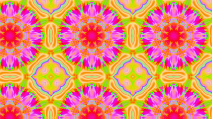 Seamless psychedelic kaleidoscope pattern with neon green, pink and orange mandala symmetry