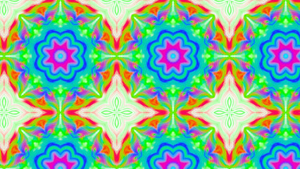 Seamless psychedelic kaleidoscope pattern with neon green, pink and orange mandala symmetry