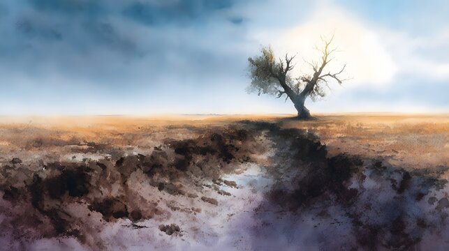A solitary weathered tree stands on cracked dry earth under a dramatic sky rendered in watercolor - Powered by Adobe