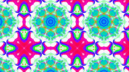Seamless psychedelic kaleidoscope pattern with neon green, pink and orange mandala symmetry