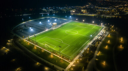 Aerial drone photography of an outdoor soccer stadium at night