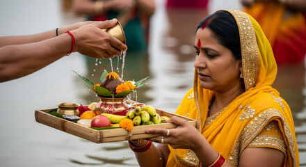 Naklejka na ściany i meble Chhath Puja Celebration: Woman offering prayers to Sun God, India Naklejka na ściany i meble Chhath Puja Celebration: Woman offering prayers to Sun God, India