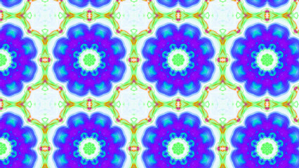 Seamless psychedelic kaleidoscope pattern with neon green, pink and orange mandala symmetry
