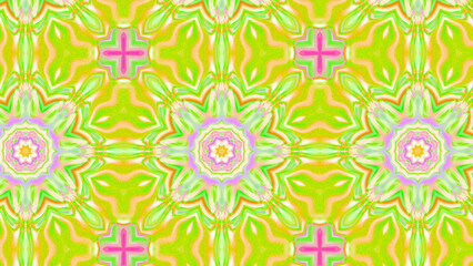 Seamless psychedelic kaleidoscope pattern with neon green, pink and orange mandala symmetry