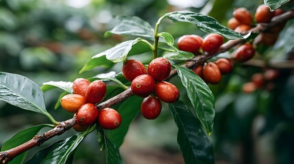 Obraz premium Close-up of coffee plant branch with ripe red cherries ready for harvest, representing the origin of coffee production