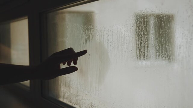 Girl draws a heart on glass, draw with her finger on glass