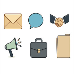Vector illustration of communication and teamwork icons include envelope, chat bubble, handshake, megaphone, file folder and briefcase.