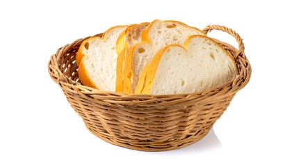 Sliced bread in a rustic wicker basket on a clean, white surface