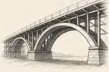 Sketch arches strokes perspective bridge beams illustration vector textured architectural structural