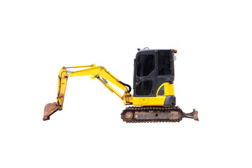 Yellow Mini Excavator on White Background