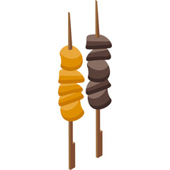 Two Japanese Food Skewers Featuring Golden Yellow Slices and Dark Brown Cubes on Wooden Sticks...