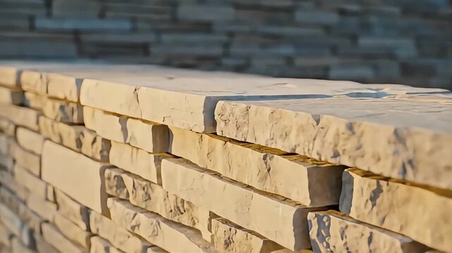 Detailed close-up of a rustic stacked natural stone wall illuminated by warm sunlight highlighting the intricate textures and rugged beauty of the masonry for a
