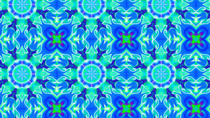 Seamless psychedelic kaleidoscope pattern with neon green, pink and orange mandala symmetry