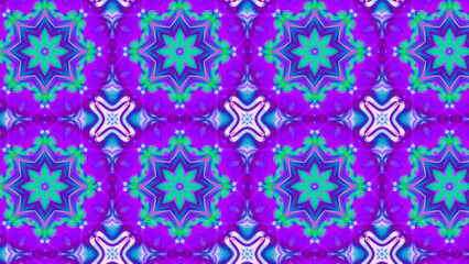 Seamless psychedelic kaleidoscope pattern with neon green, pink and orange mandala symmetry