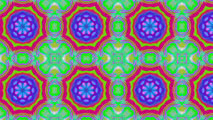 Seamless psychedelic kaleidoscope pattern with neon green, pink and orange mandala symmetry