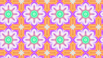 Seamless psychedelic kaleidoscope pattern with neon green, pink and orange mandala symmetry