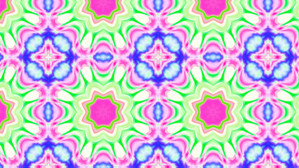 Seamless psychedelic kaleidoscope pattern with neon green, pink and orange mandala symmetry