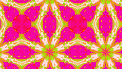 Seamless psychedelic kaleidoscope pattern with neon green, pink and orange mandala symmetry