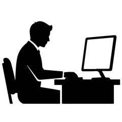 Businessman Working at Computer Black Silhouette, Man in Suit Typing on Keyboard at Office Desk - Side View of Corporate Workstation Icon, business, corporate, and technology themes.