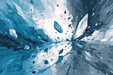 Obraz premium Visual exploration of a dynamic blue and white abstract landscape with floating shapes and a reflective surface
