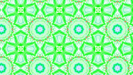 Seamless psychedelic kaleidoscope pattern with neon green, pink and orange mandala symmetry