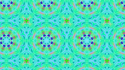 Seamless psychedelic kaleidoscope pattern with neon green, pink and orange mandala symmetry