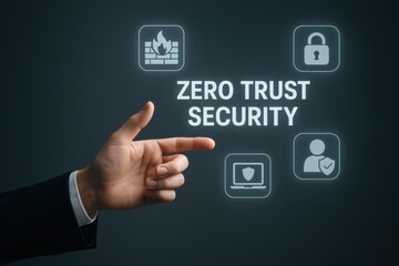 Hand Pointing at Zero Trust Security Concept with Icons of Protection and Digital Safety Measures