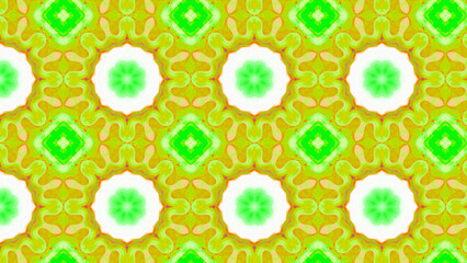 Fototapeta premium Seamless psychedelic kaleidoscope pattern with neon green, pink and orange mandala symmetry