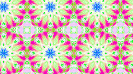 Seamless psychedelic kaleidoscope pattern with neon green, pink and orange mandala symmetry